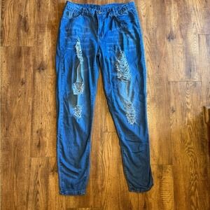 Distressed Blue Denim Jeans Size L Ripped Style Casual‎ Streetwear